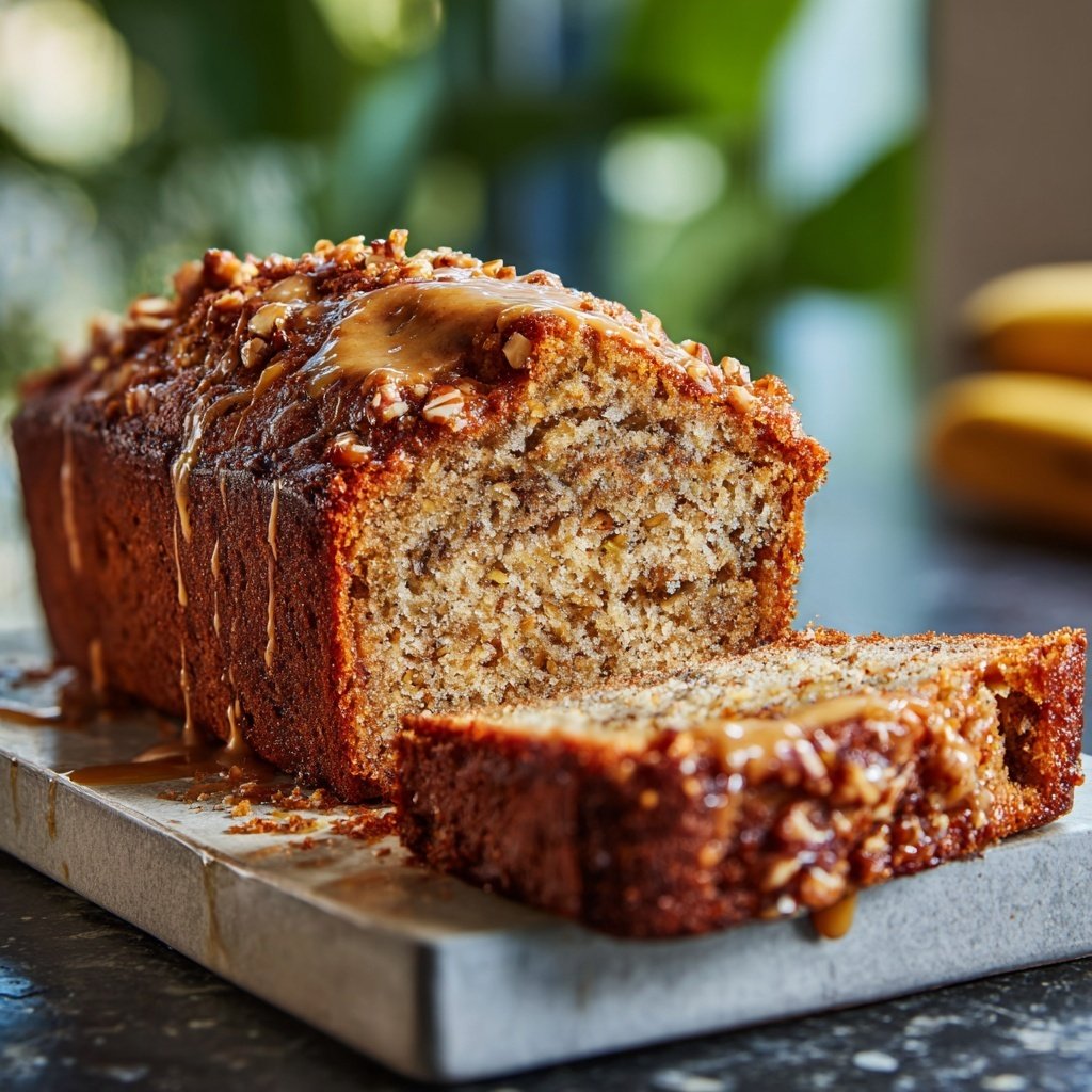 Bananenbrot mit Mandelmus und Datteln